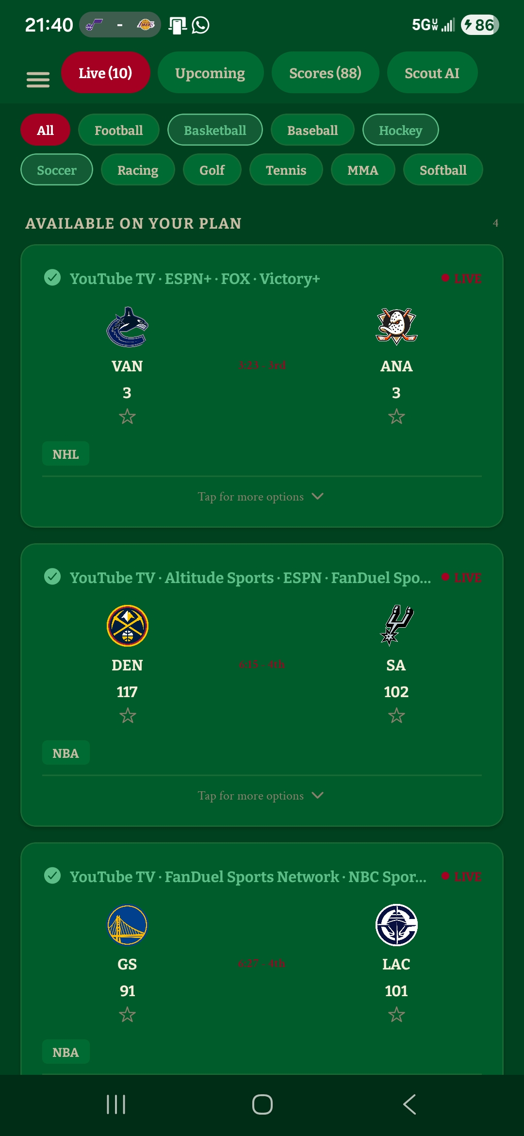 FindMySports app showing live games